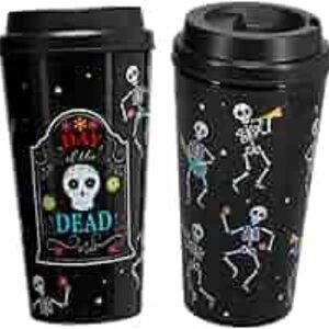 Cristar Black Day of The Dead Travel Coffee Mugs Plastic Halloween Set of 2